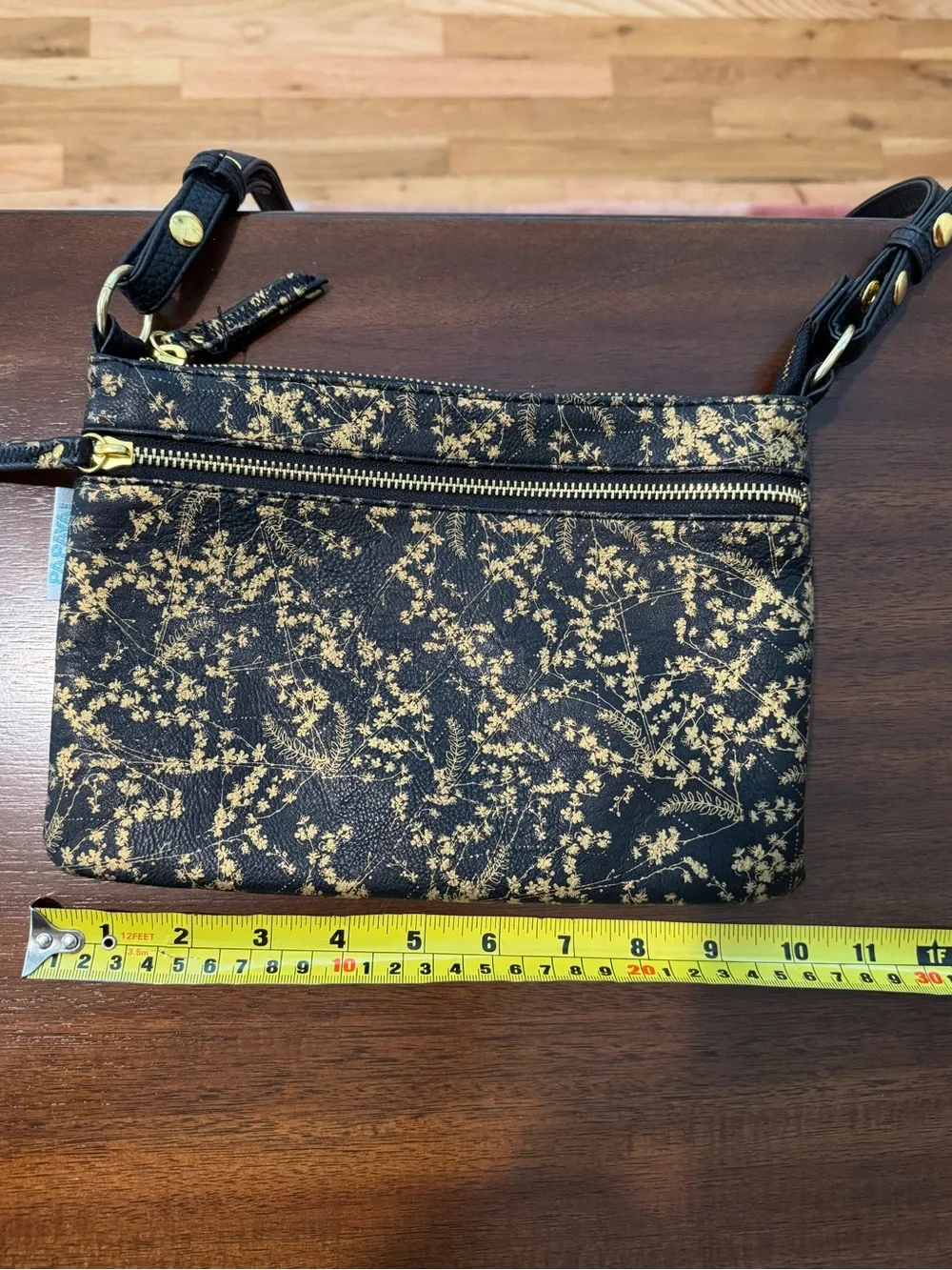 PAPAYA! Art Black Gold Floral Botanical Vegan Leather Crossbody Bag NWOT